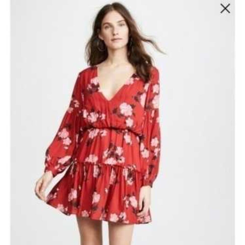 Valencia & Vine Red Floral Mini Blouson Tiered Dress Medium NWT Summer Chic Boho